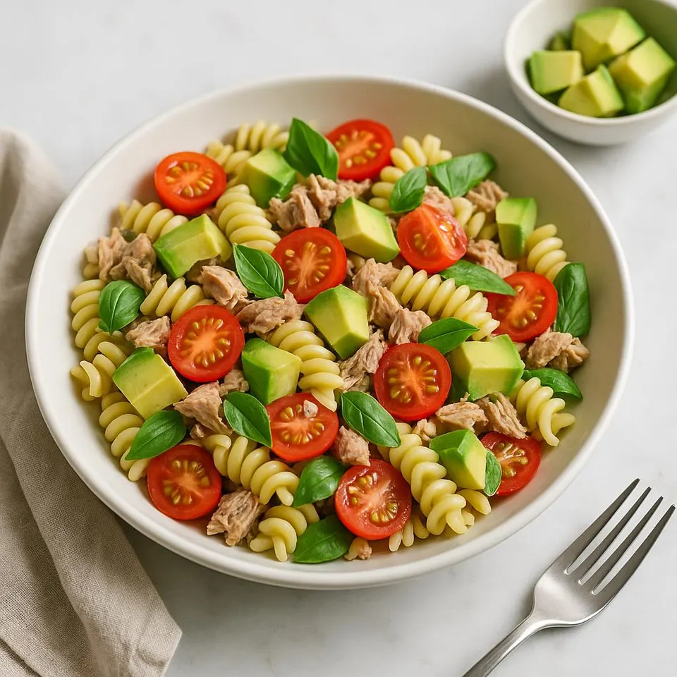 Ensalada De Pasta Con Atún, Aguacate Y Albahaca